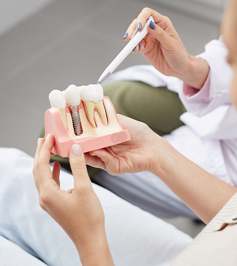 Dental patient holding a dental implant model