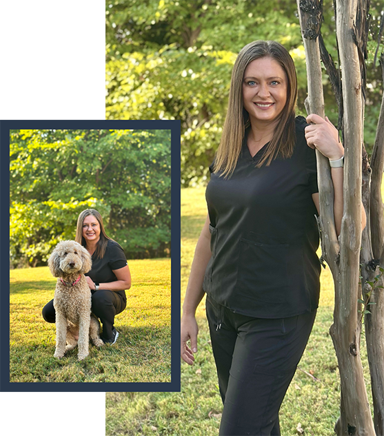 Fort Worth dentist Dr. Laska with her dog and next to a tree